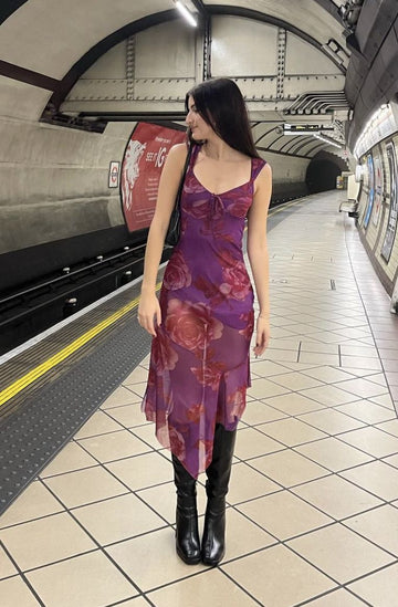 Pretty Purple A Line Straps Print Floral Chiffon Party Dress Date Dress Outfits HZ1023